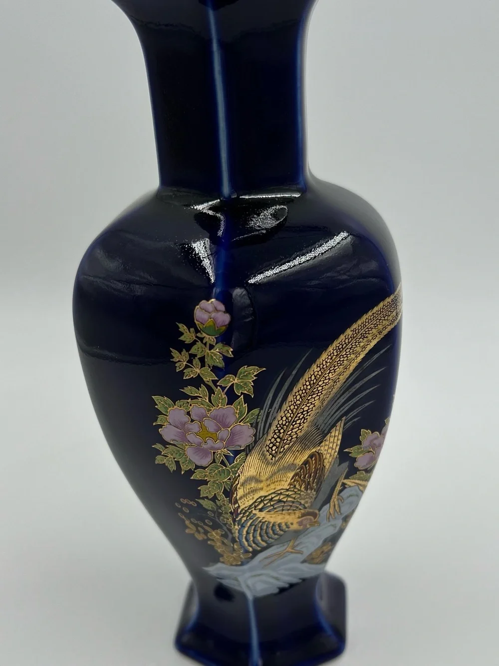 Vintage Japanese Blue Cobalt Porcelain Floral Gold Pheasant Vase 8” Tall